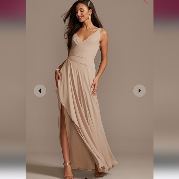 David's Bridal Tank Georgette Cascade Bridesmaid Dress w/ Slit Portobello 4 NWT - Picture 1 of 8